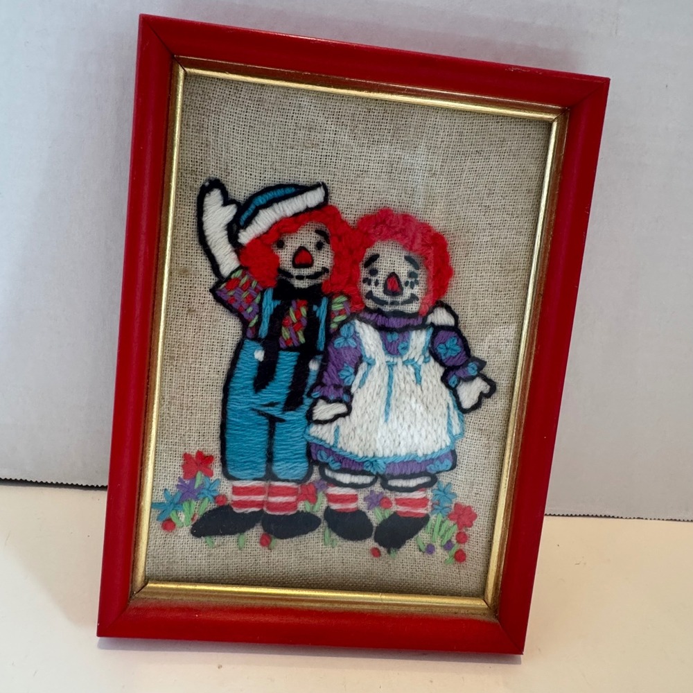 Vintage Raggedy Ann Andy Needlepoint Framed Wall Art‎ Red Folk Art Nursery Decor